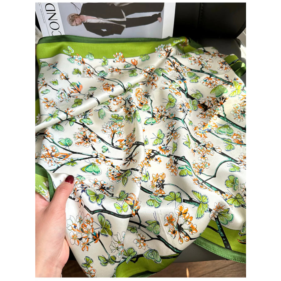 Floral Print Silk Scarf Dark Green / One Size Apparel and Accessories