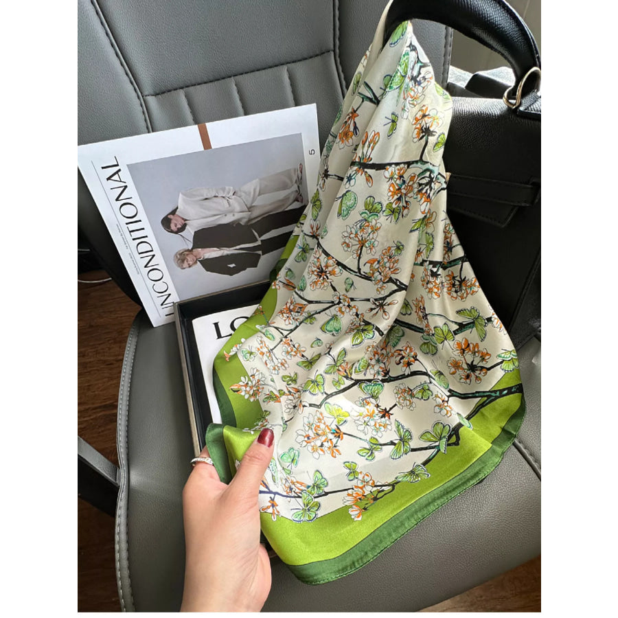 Floral Print Silk Scarf Dark Green / One Size Apparel and Accessories