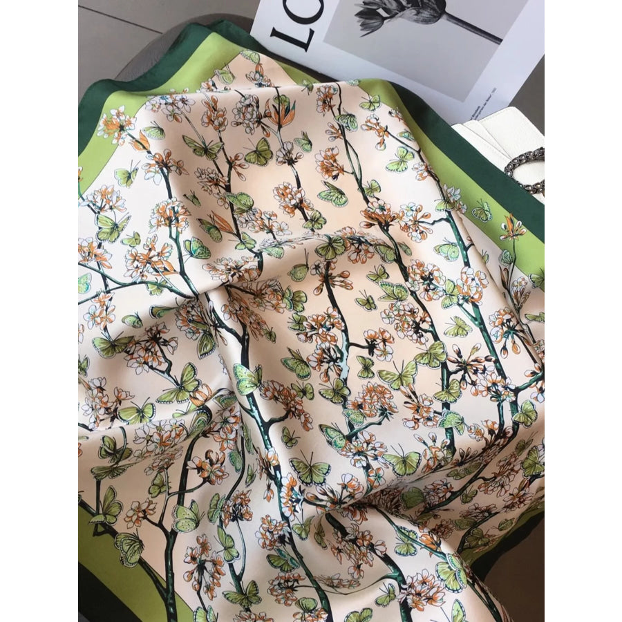 Floral Print Silk Scarf Dark Green / One Size Apparel and Accessories