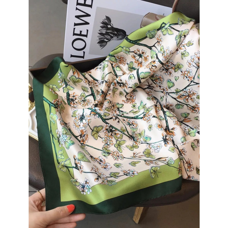 Floral Print Silk Scarf Dark Green / One Size Apparel and Accessories