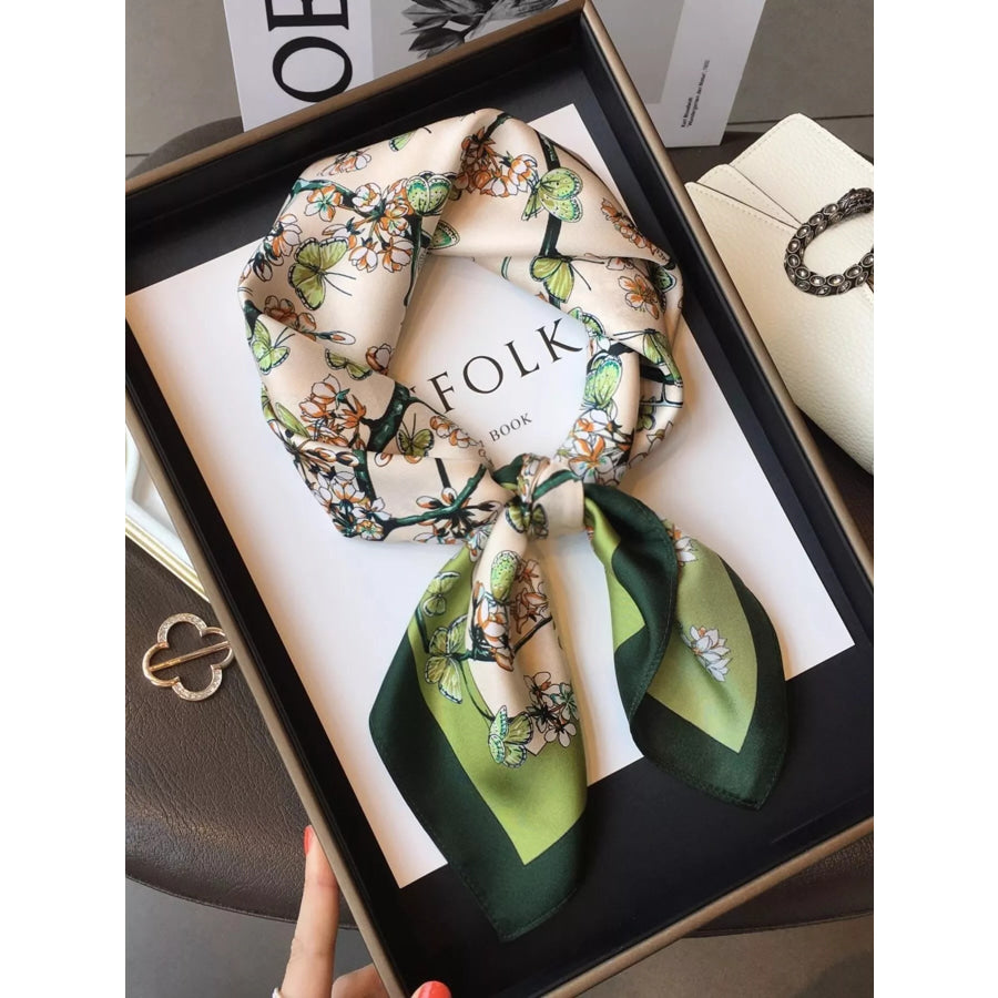 Floral Print Silk Scarf Dark Green / One Size Apparel and Accessories