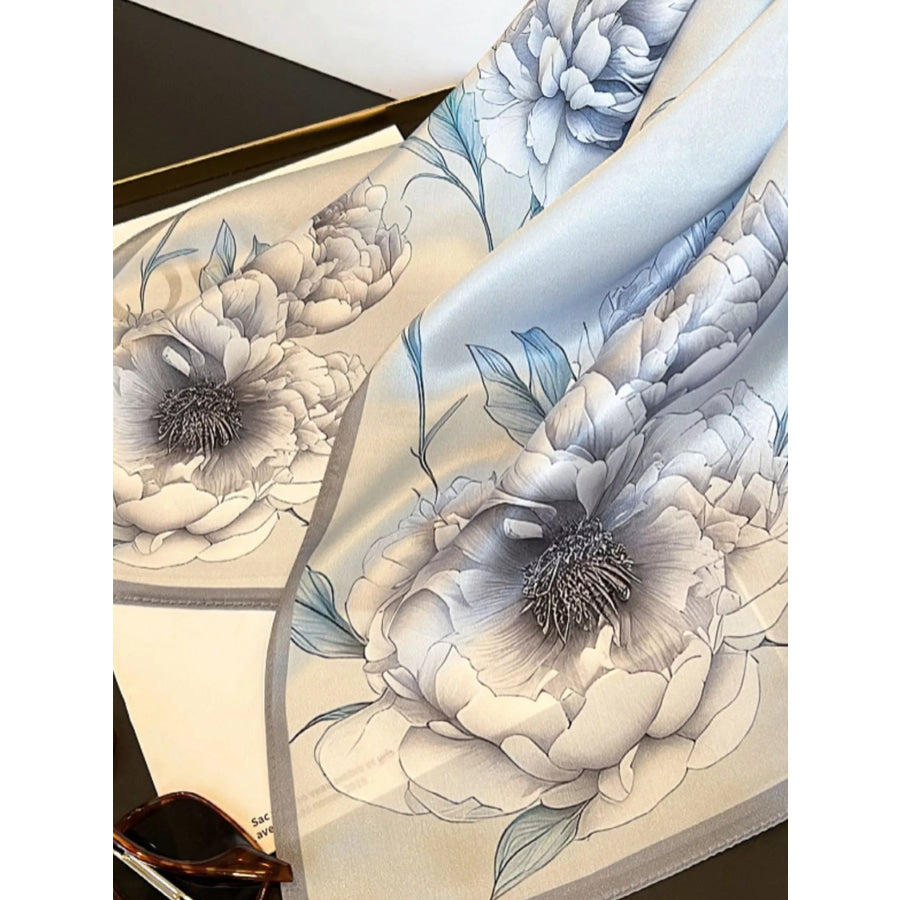 Floral Print Silk Square Scarf Light Gray / One Size Apparel and Accessories