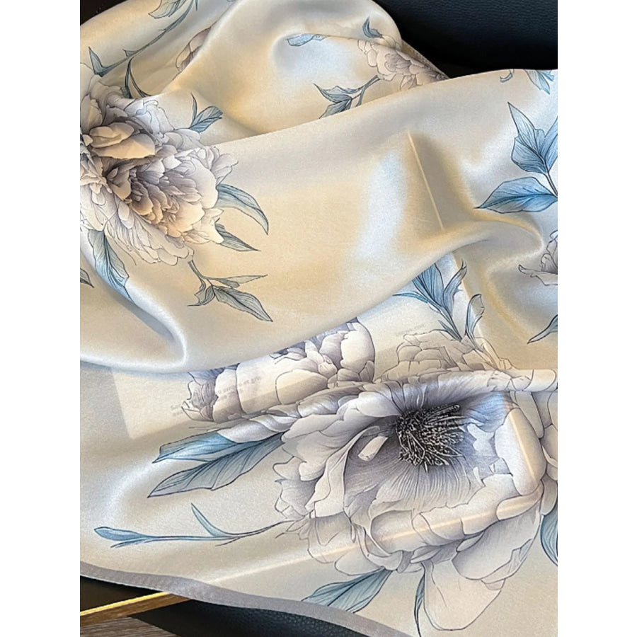 Floral Print Silk Square Scarf Light Gray / One Size Apparel and Accessories