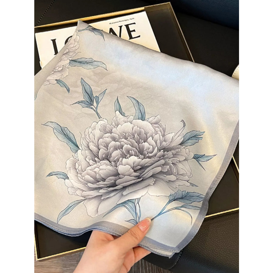 Floral Print Silk Square Scarf Light Gray / One Size Apparel and Accessories