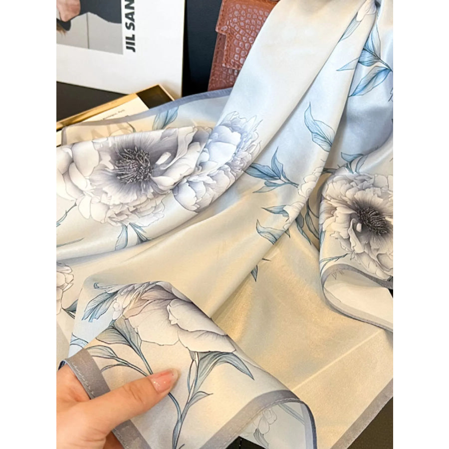 Floral Print Silk Square Scarf Light Gray / One Size Apparel and Accessories