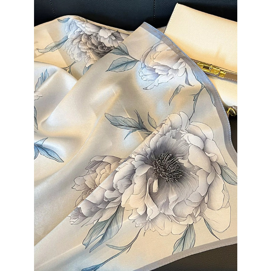Floral Print Silk Square Scarf Light Gray / One Size Apparel and Accessories