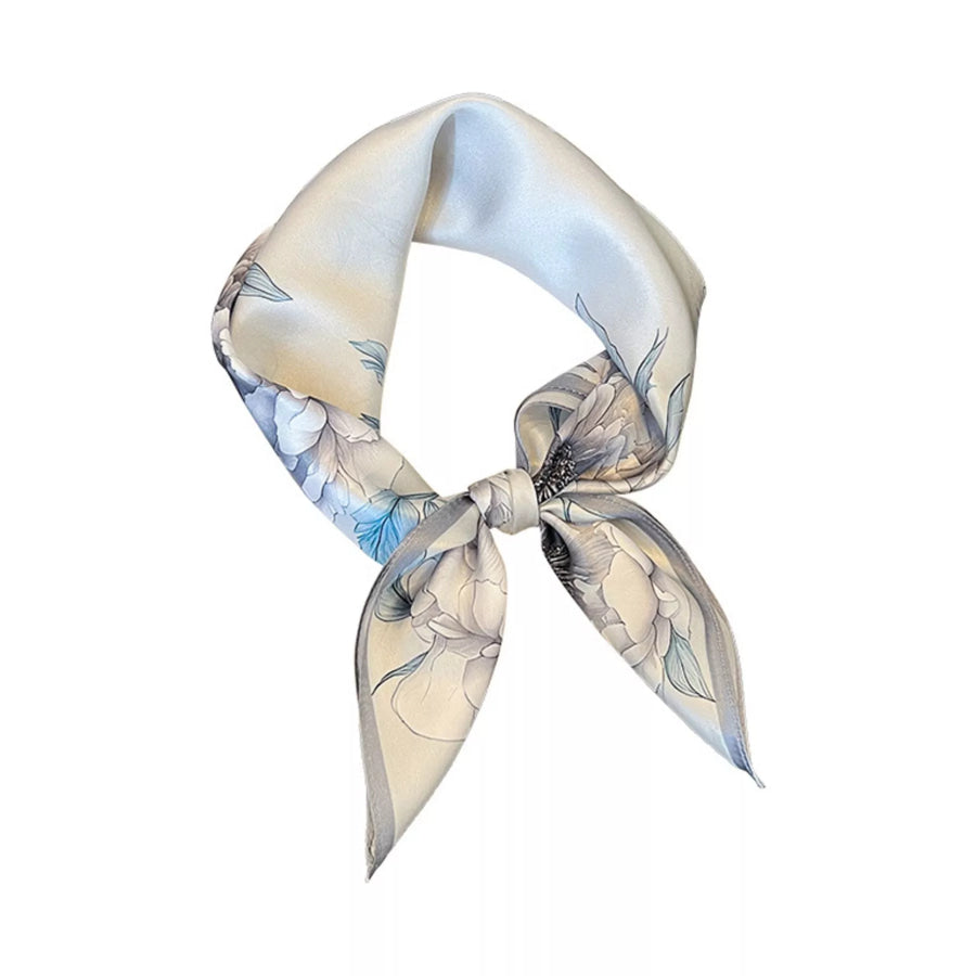 Floral Print Silk Square Scarf Light Gray / One Size Apparel and Accessories