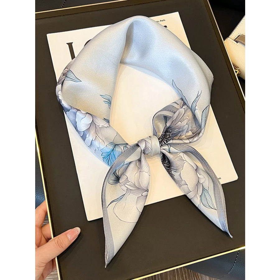 Floral Print Silk Square Scarf Light Gray / One Size Apparel and Accessories