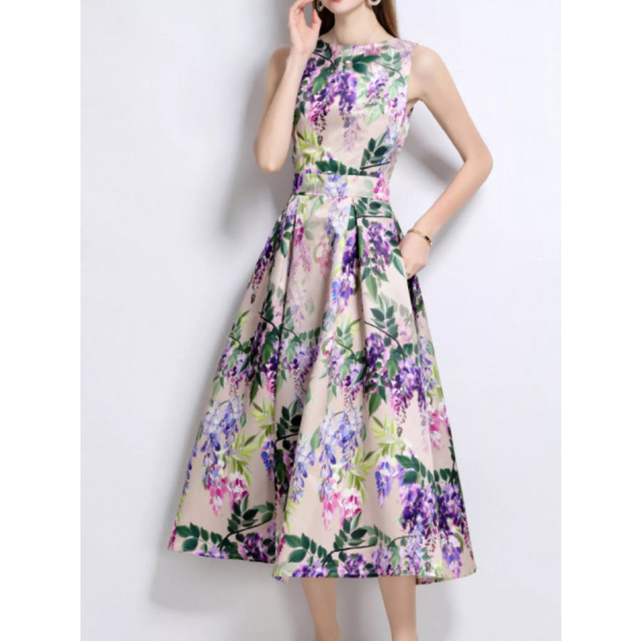 Floral Print Sleeveless Midi Dress Apparel and Accessories