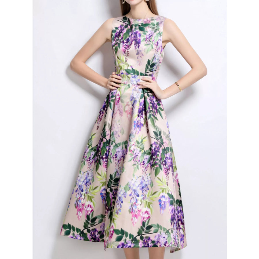 Floral Print Sleeveless Midi Dress Purple / S Apparel and Accessories