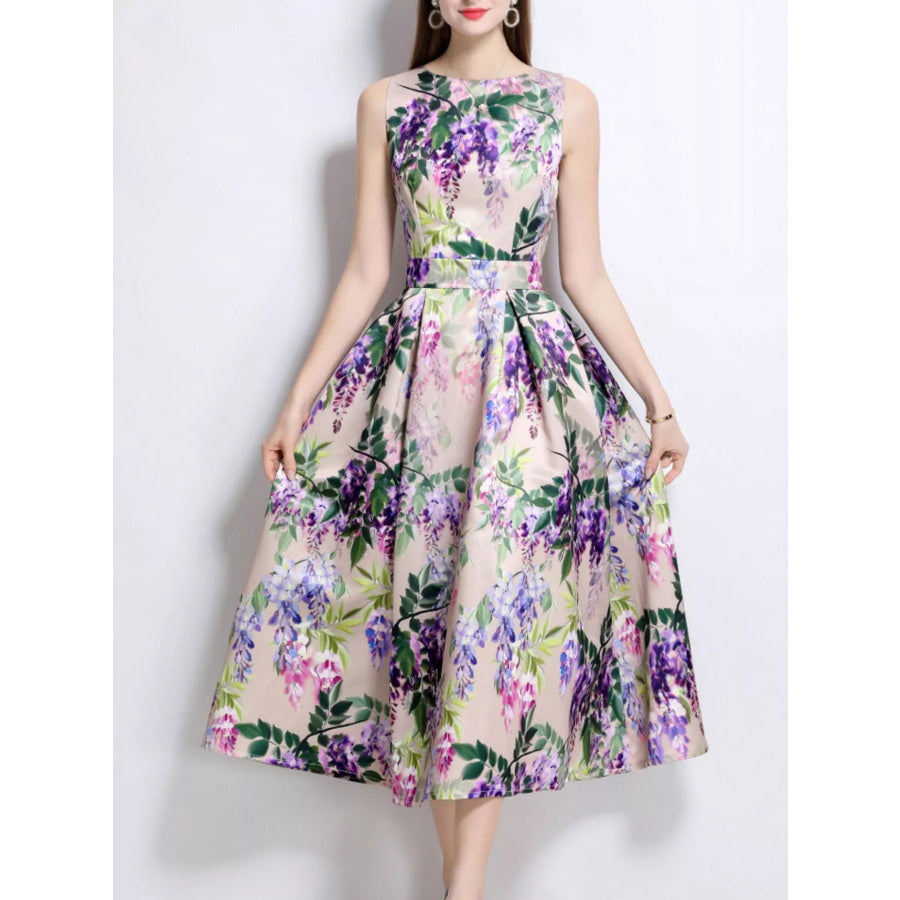 Floral Print Sleeveless Midi Dress Apparel and Accessories