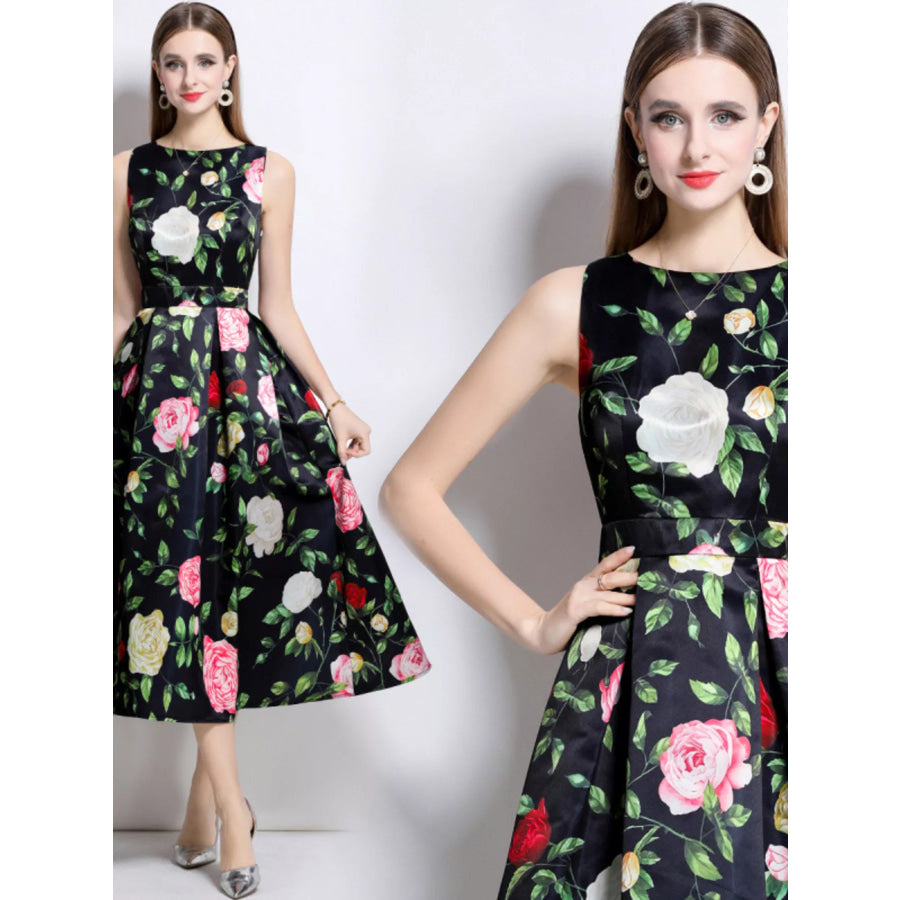 Floral Print Sleeveless Midi Dress Black / S Apparel and Accessories