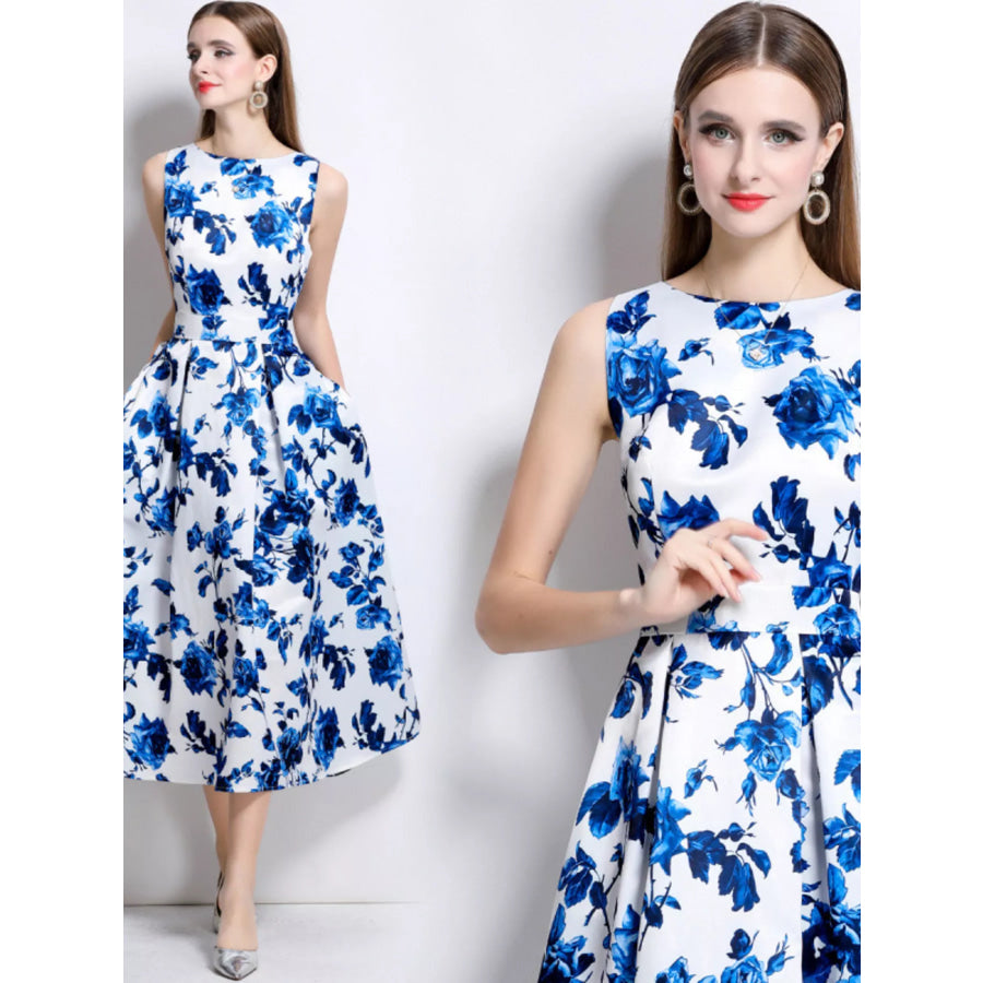 Floral Print Sleeveless Midi Dress Blue / S Apparel and Accessories