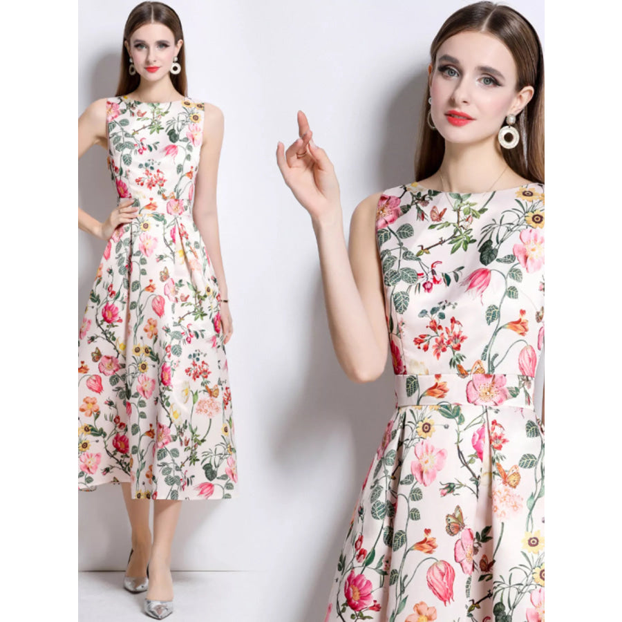 Floral Print Sleeveless Midi Dress Blush Pink / S Apparel and Accessories