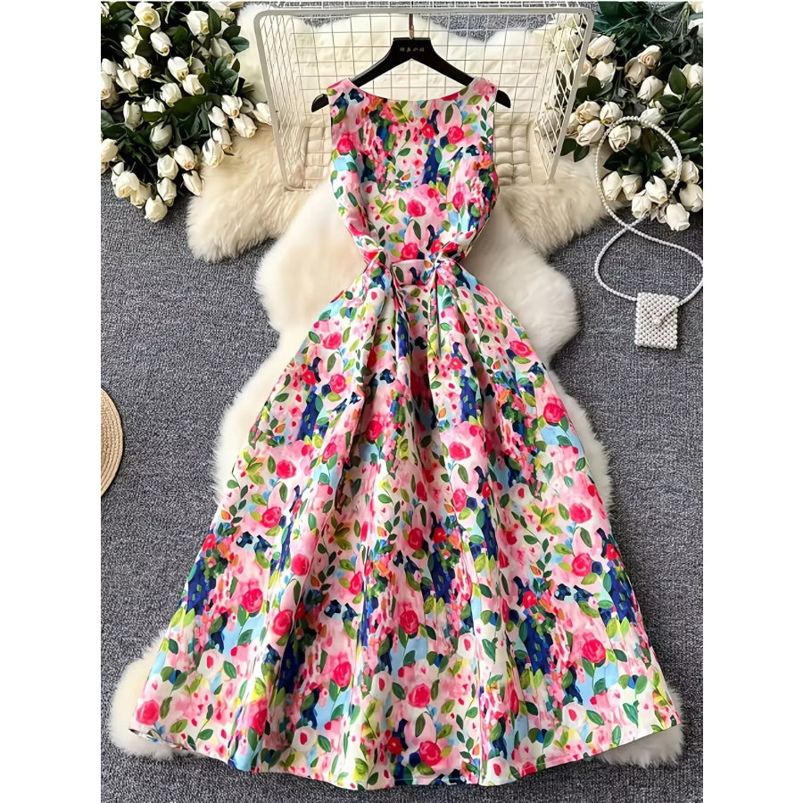 Floral Print Sleeveless Midi Dress Hot Pink / S Apparel and Accessories