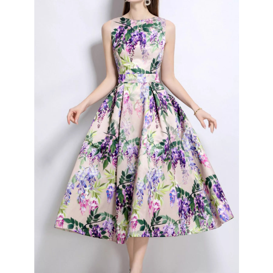 Floral Print Sleeveless Midi Dress Purple / S Apparel and Accessories