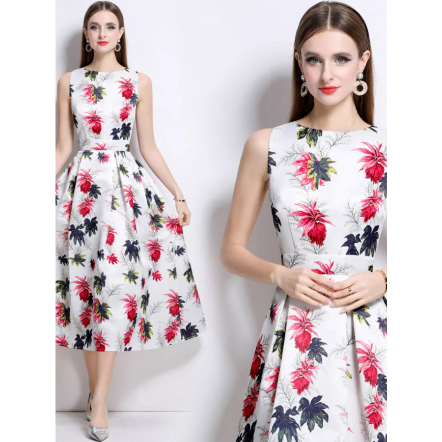 Floral Print Sleeveless Midi Dress White / S Apparel and Accessories