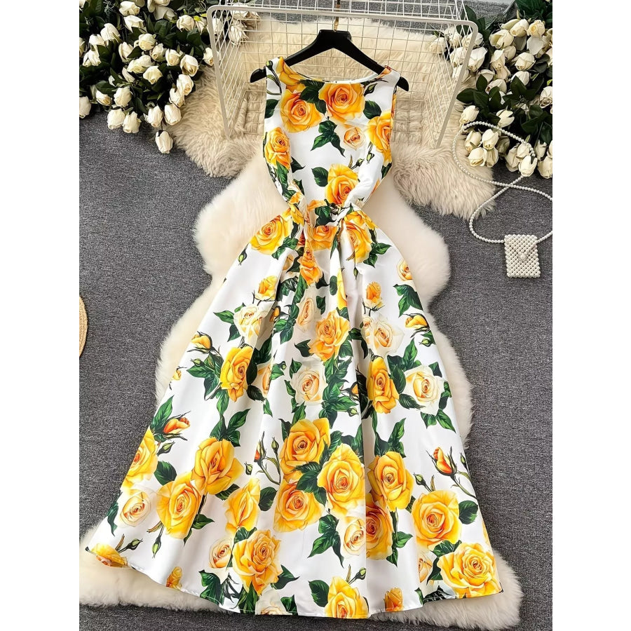 Floral Print Sleeveless Midi Dress Yellow / S Apparel and Accessories
