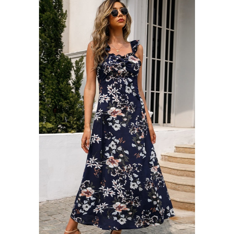 Floral Print Sleeveless Square Neck Slit Midi Dress