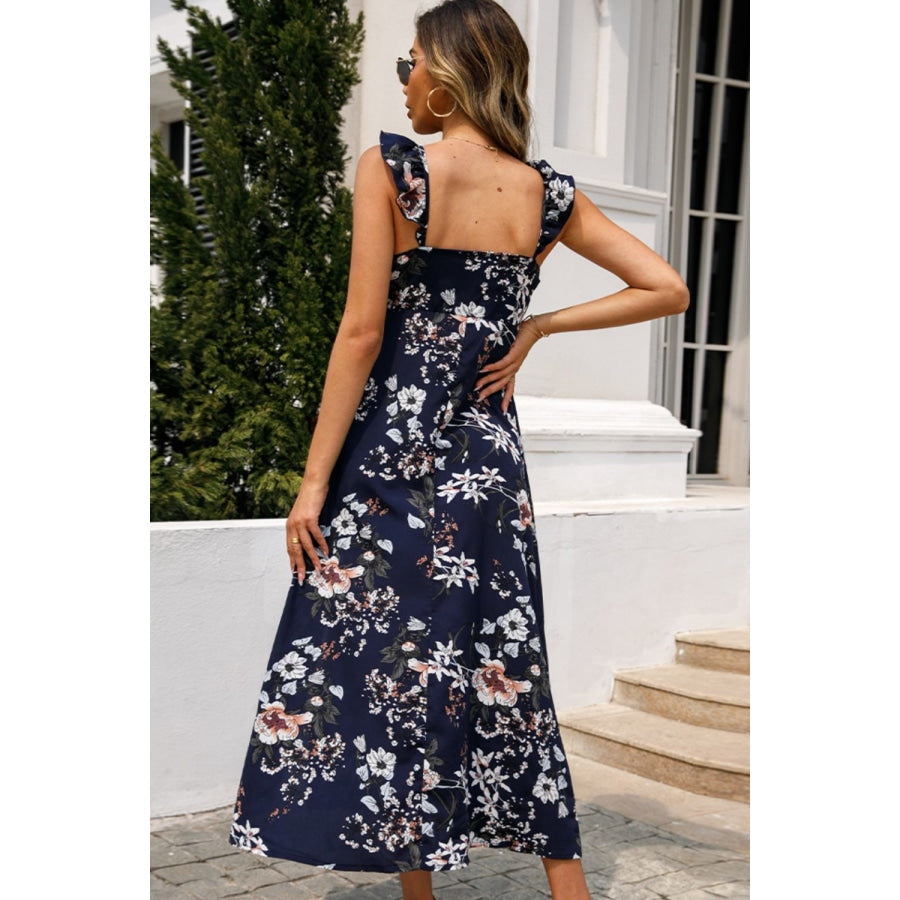 Floral Print Sleeveless Square Neck Slit Midi Dress