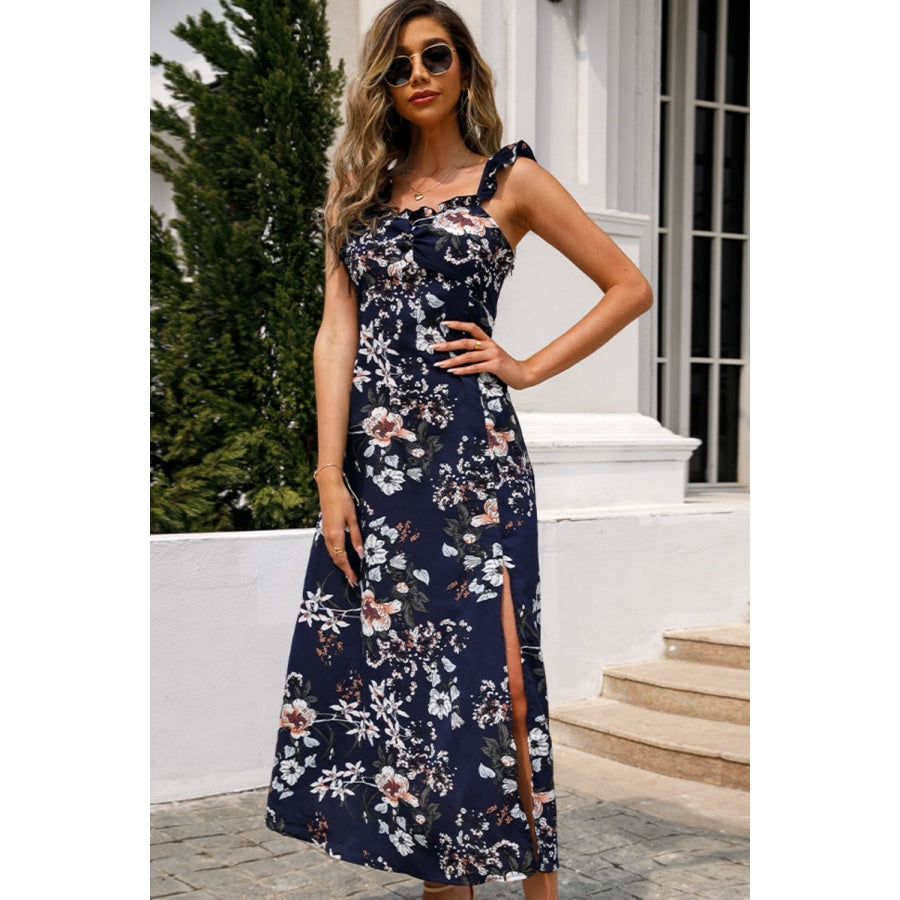 Floral Print Sleeveless Square Neck Slit Midi Dress Floral / XS