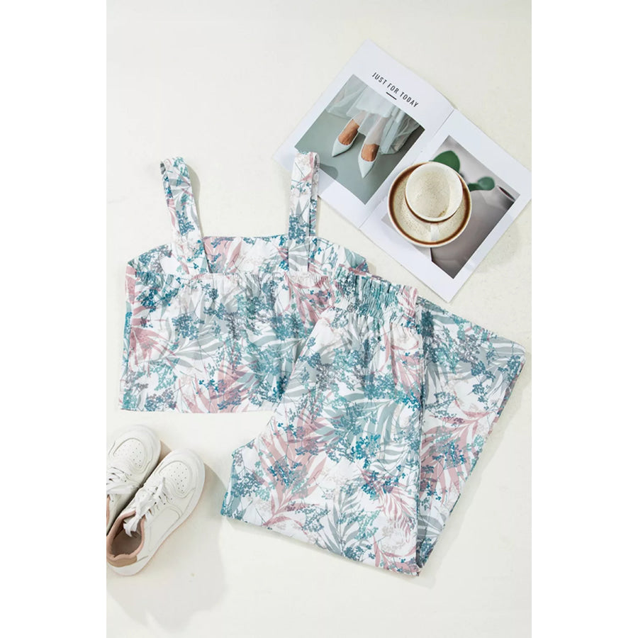 Floral Print Sleeveless Top and Wide Leg Pants Set Apparel and Accessories