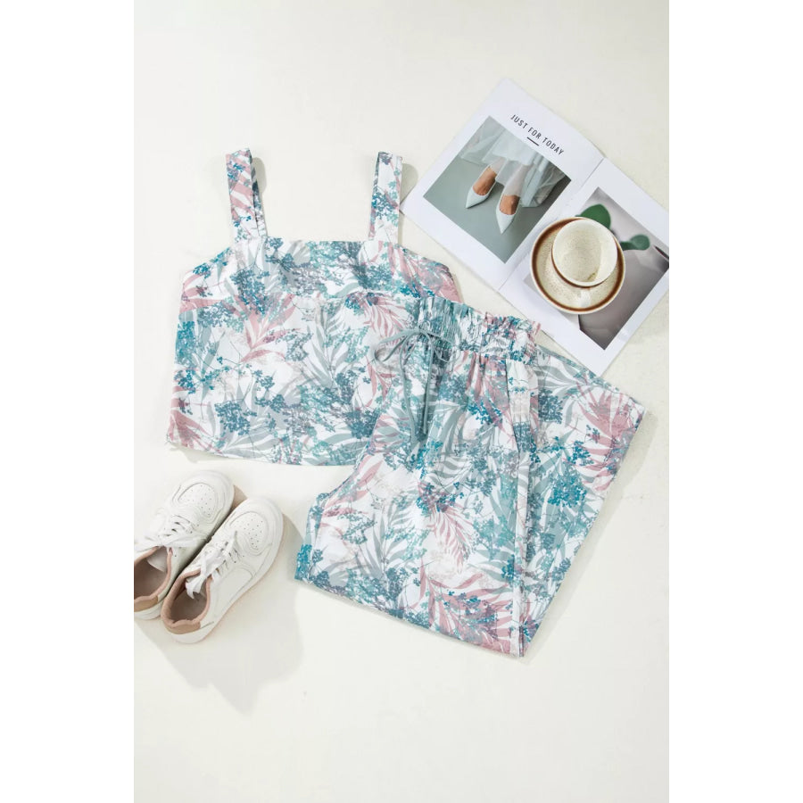 Floral Print Sleeveless Top and Wide Leg Pants Set Apparel and Accessories