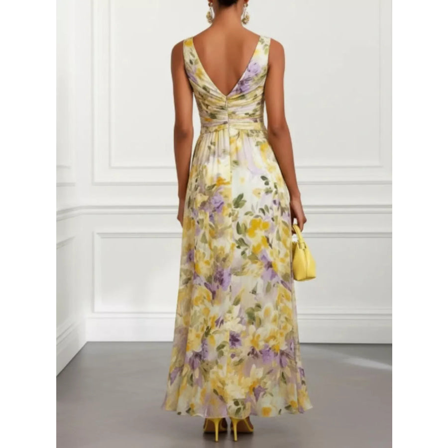 Floral Print Sleeveless Twist-Front Maxi Dress Yellow / S Apparel and Accessories