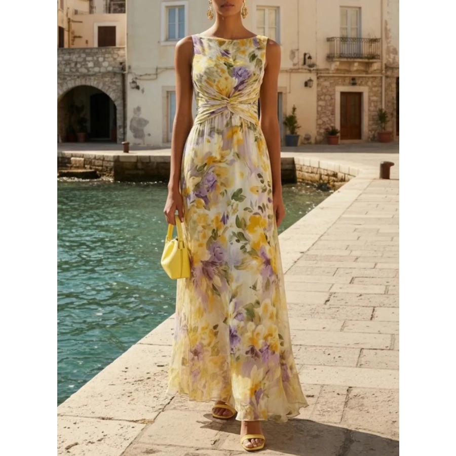 Floral Print Sleeveless Twist-Front Maxi Dress Yellow / S Apparel and Accessories