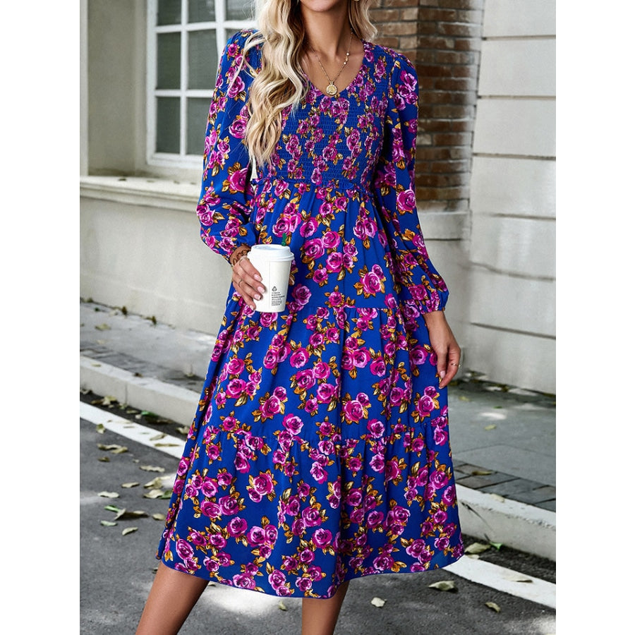 Floral Print Smocked Midi Dress Purple / S