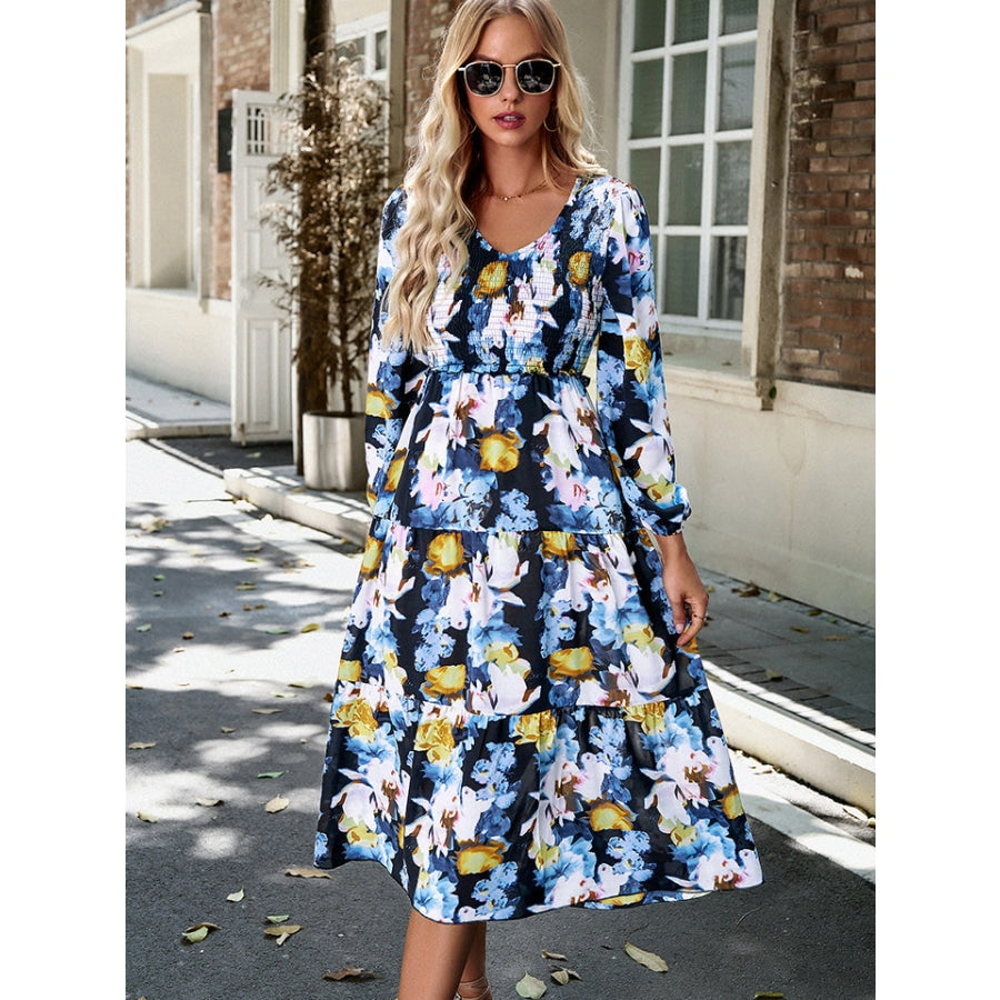 Floral Print Smocked Midi Dress Sky Blue / S