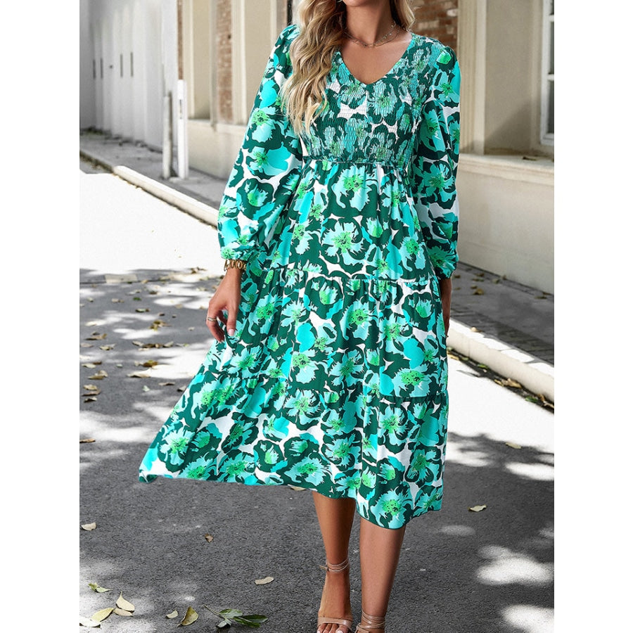 Floral Print Smocked Midi Dress Teal / S