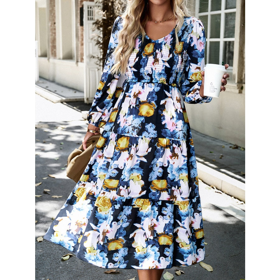 Floral Print Smocked Midi Dress Sky Blue / S