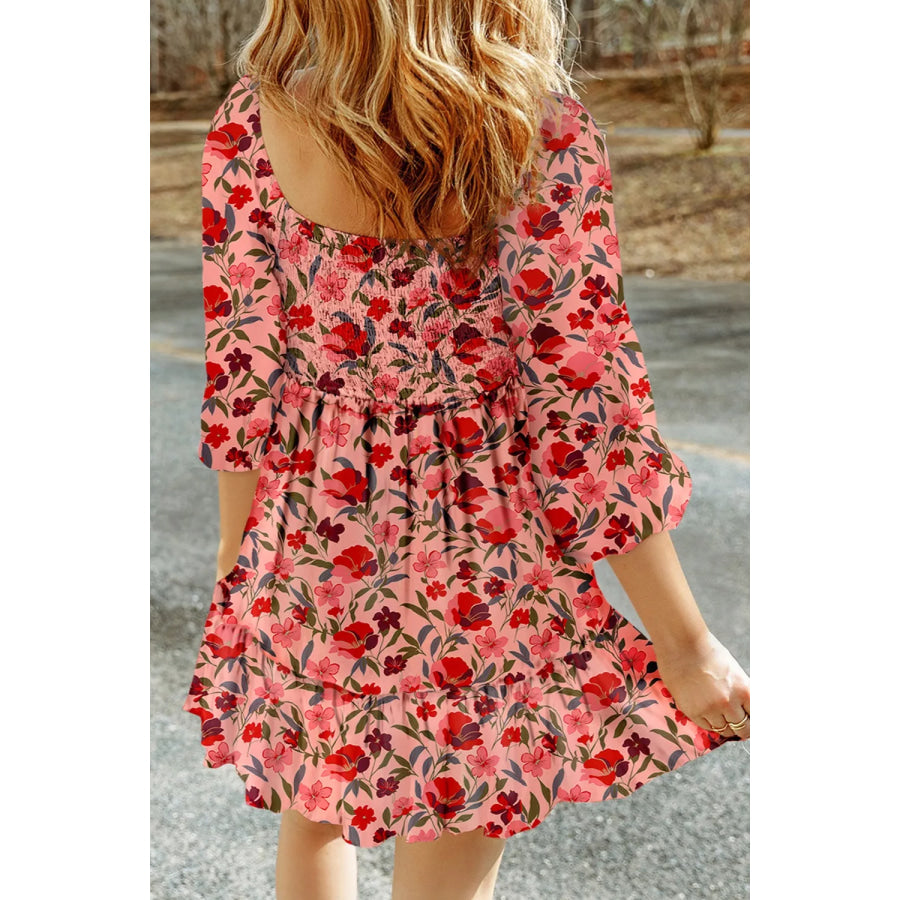 Floral Print Smocked Mini Dress Burnt Coral / S Apparel and Accessories