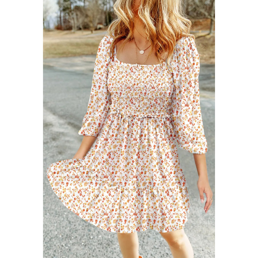 Floral Print Smocked Mini Dress Beige / S Apparel and Accessories