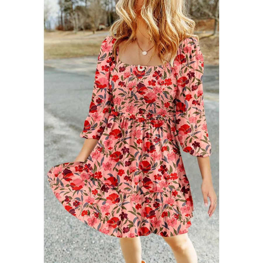 Floral Print Smocked Mini Dress Burnt Coral / S Apparel and Accessories