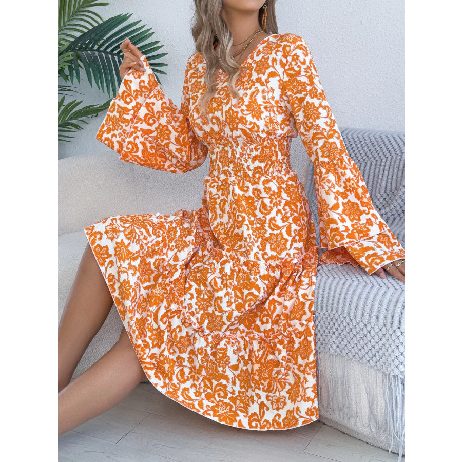 Floral Print Smocked Ruffle Hem Flared Sleeve Dress Apparel and Accessories