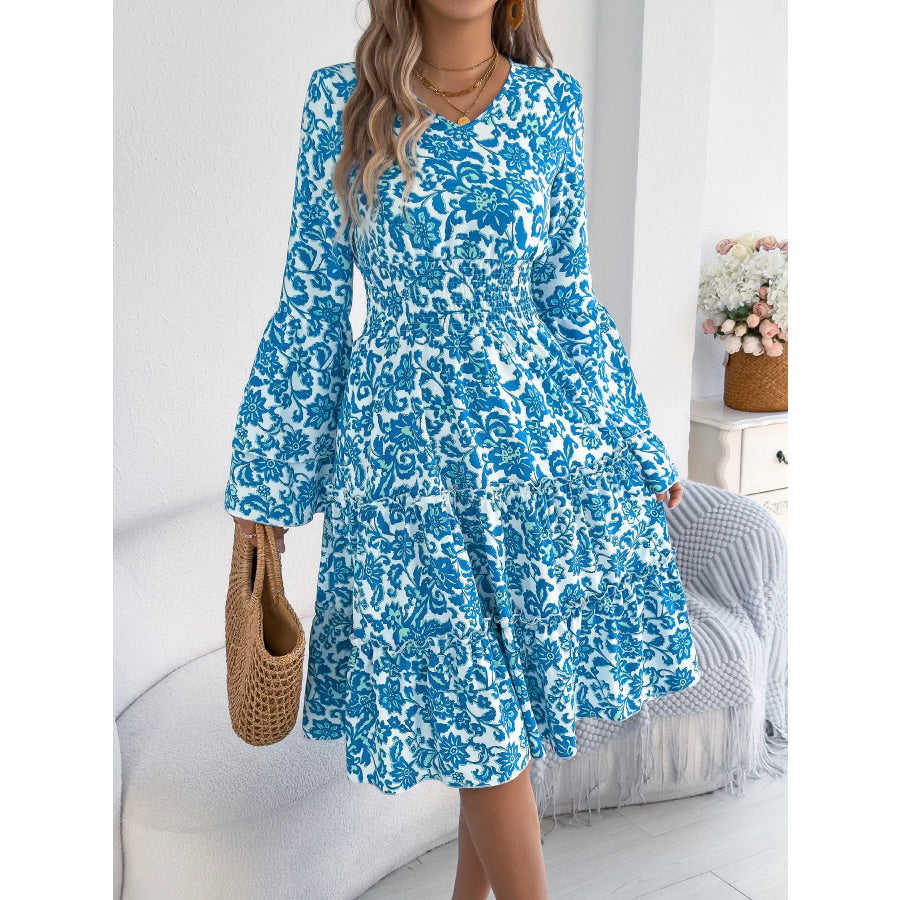 Floral Print Smocked Ruffle Hem Flared Sleeve Dress Apparel and Accessories