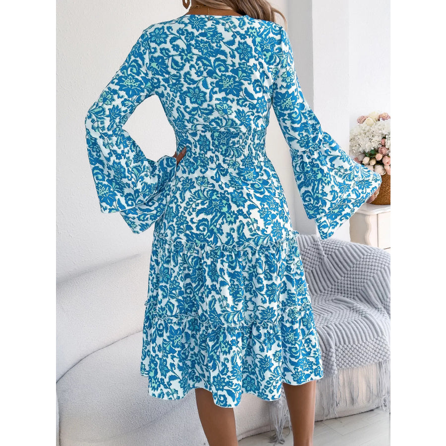 Floral Print Smocked Ruffle Hem Flared Sleeve Dress Apparel and Accessories