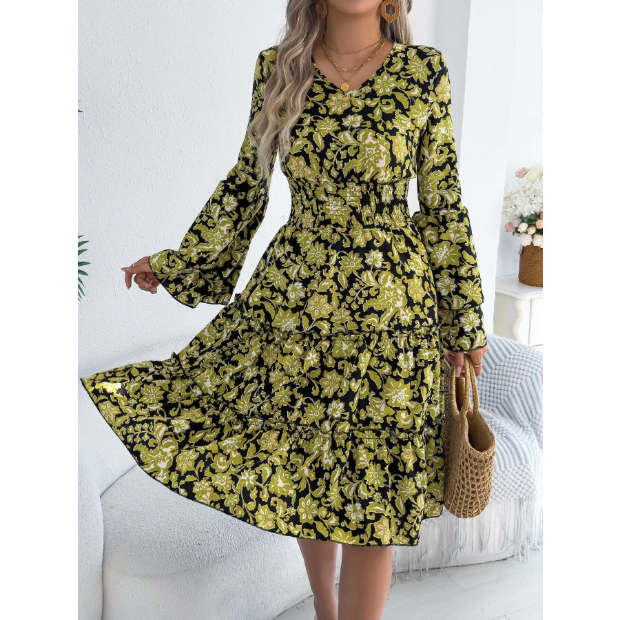 Floral Print Smocked Ruffle Hem Flared Sleeve Dress Apparel and Accessories