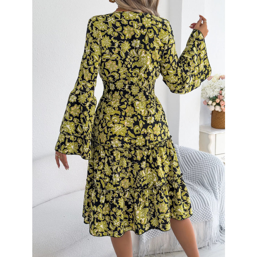 Floral Print Smocked Ruffle Hem Flared Sleeve Dress Apparel and Accessories