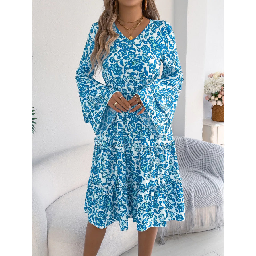 Floral Print Smocked Ruffle Hem Flared Sleeve Dress Apparel and Accessories