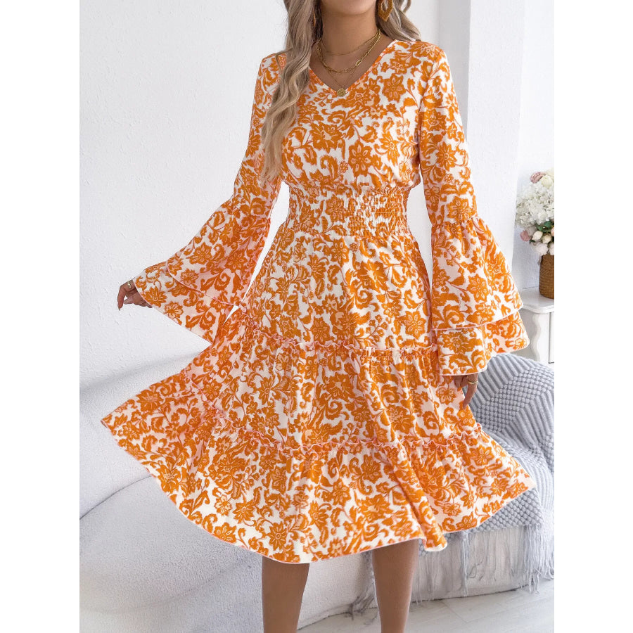 Floral Print Smocked Ruffle Hem Flared Sleeve Dress Apparel and Accessories