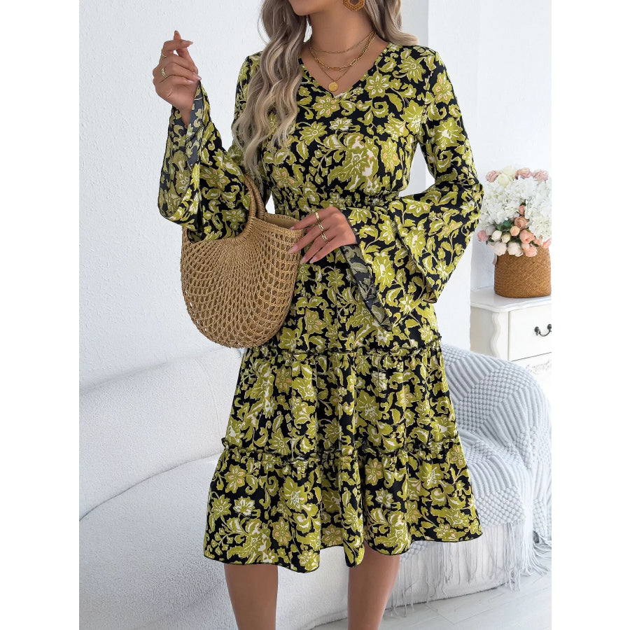 Floral Print Smocked Ruffle Hem Flared Sleeve Dress Apparel and Accessories