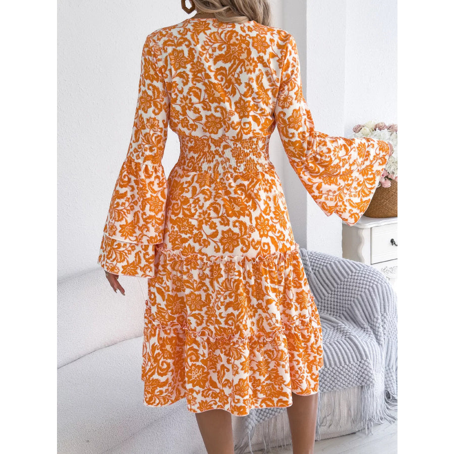 Floral Print Smocked Ruffle Hem Flared Sleeve Dress Apparel and Accessories