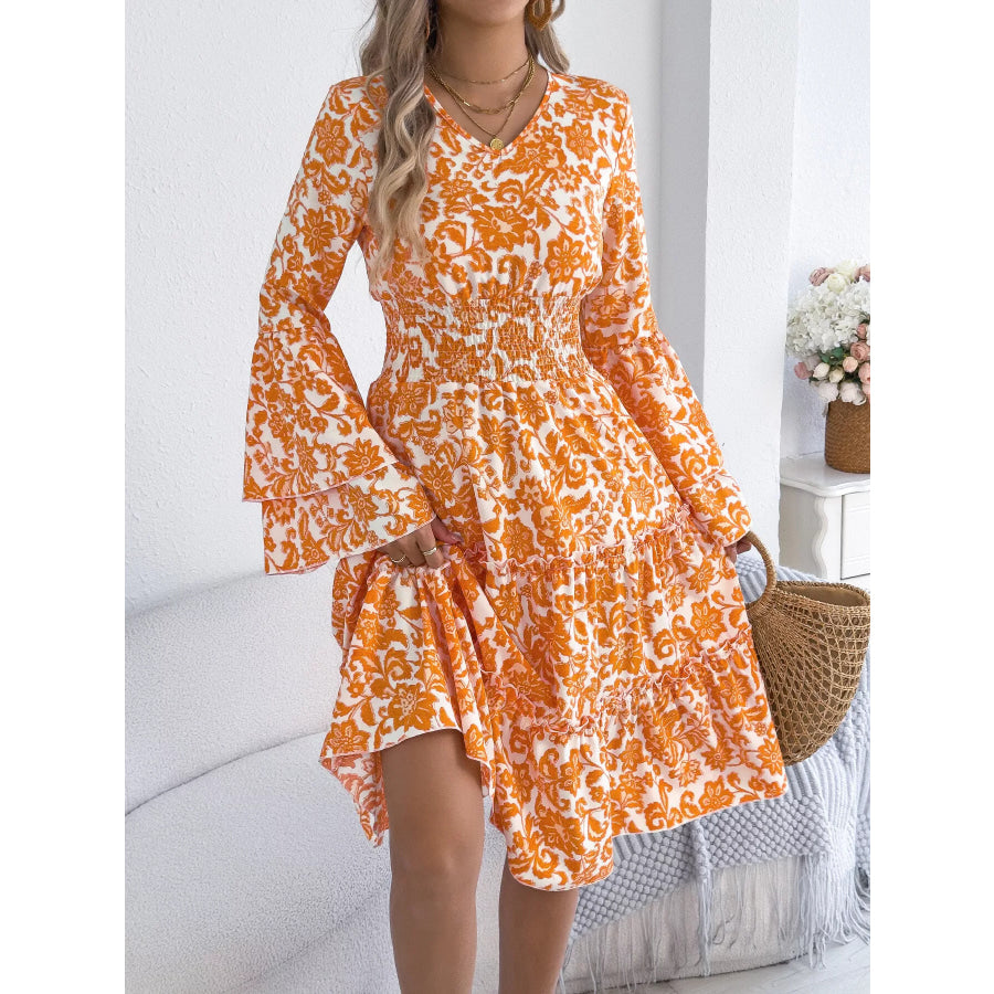 Floral Print Smocked Ruffle Hem Flared Sleeve Dress Apparel and Accessories