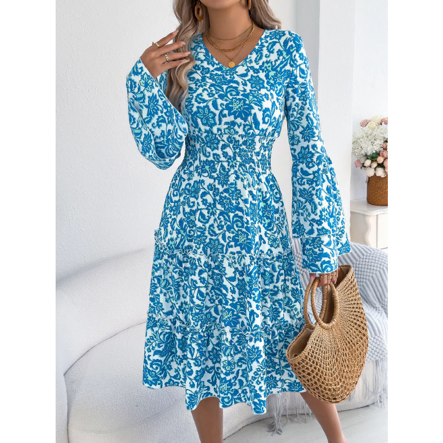 Floral Print Smocked Ruffle Hem Flared Sleeve Dress Blue / S Apparel and Accessories