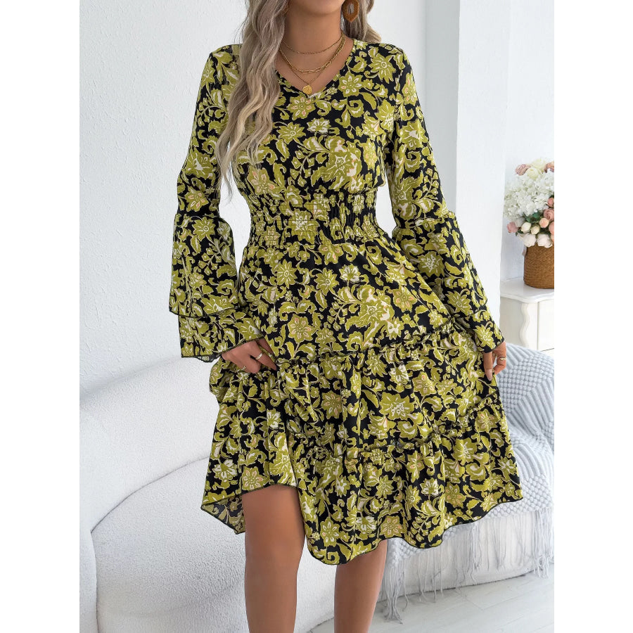 Floral Print Smocked Ruffle Hem Flared Sleeve Dress Green / S Apparel and Accessories