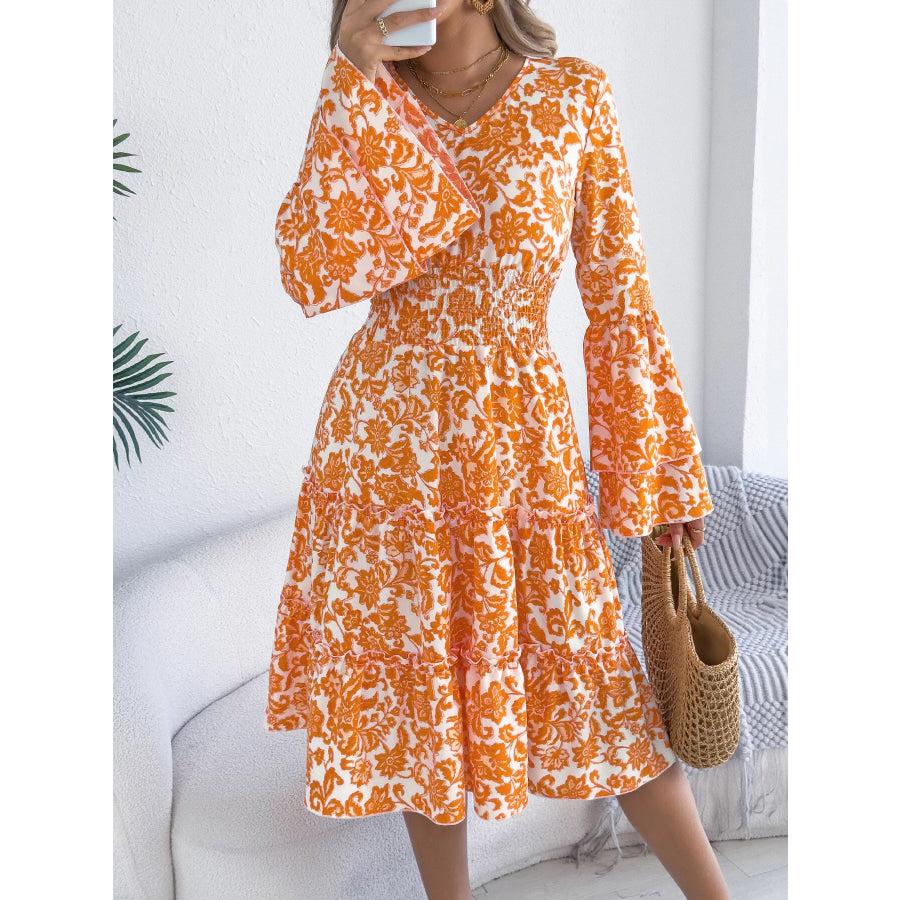 Floral Print Smocked Ruffle Hem Flared Sleeve Dress Orange / S Apparel and Accessories