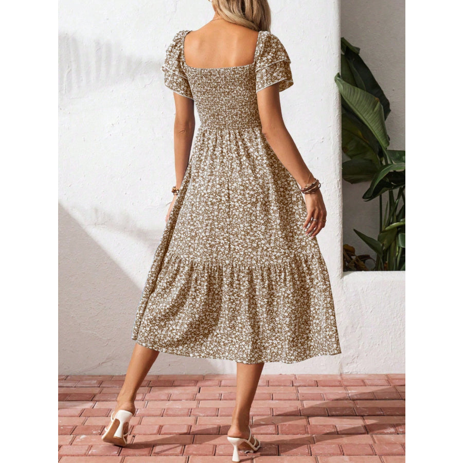 Floral Print Smocked Ruffle Sleeves Dress Apparel and Accessories